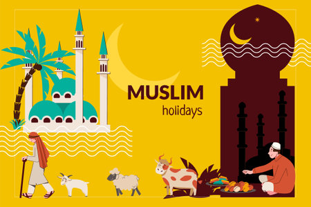 Muslim holidays composition with collage of flat icons with animals people text and oriental mosque buildings vector illustrationのイラスト素材