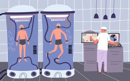 Cloning genetics flat composition with view of futuristic laboratory with two cloned men floating in chambers vector illustrationのイラスト素材