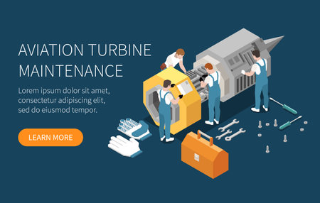 Horizontal industrial maintenance engineer technician isometric banner with aviation turbine maintenance headline vector illustrationのイラスト素材