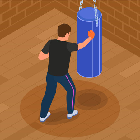 Man practising self defence in gym training with punching bag isometric concept vector illustrationのイラスト素材