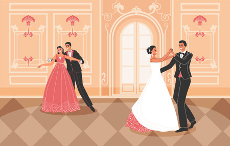 Royal ball background with dance and elegant dress symbols flat vector illustrationのイラスト素材
