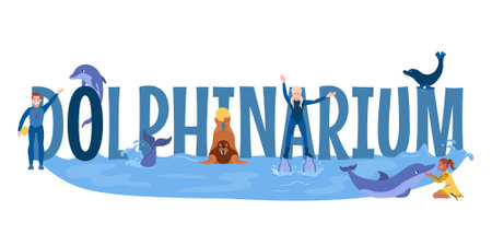 Dolphinarium aquarium text banner with performing animals flat vector illustrationのイラスト素材