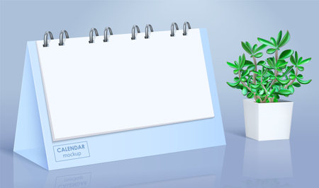 Realistic blank spiral calendar mockup with white sheets on glossy desk with small flowerpot vector illustrationのイラスト素材
