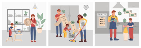 Families with children doing household chores according to lists flat set isolated vector illustrationのイラスト素材