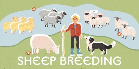 Farmer standing on lawn with various sheep breeds flat collage vector illustrationのイラスト素材