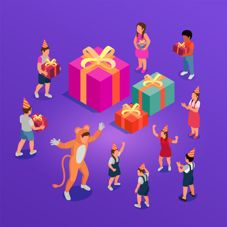 Birthday party isometric composition with children dancing getting presents and having fun with entertainer vector illustrationのイラスト素材
