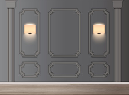 Classic interior with glowing lamps and wall panels realistic vector illustrationのイラスト素材