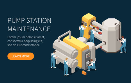 Industrial maintenance engineer technician colored and isometric concept with pump station maintenance headline vector illustrationのイラスト素材