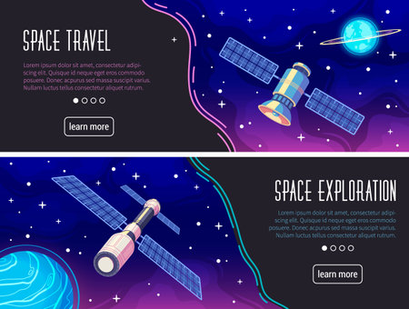 Space travel and exploration cartoon horizontal banners with learn more button isolated vector illustrationのイラスト素材