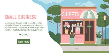Small business web banner in flat style with sweets shop facade vector illustrationのイラスト素材