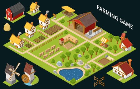 Colored and isometric game concept with farming game headline houses trees and different buildings vector illustrationのイラスト素材