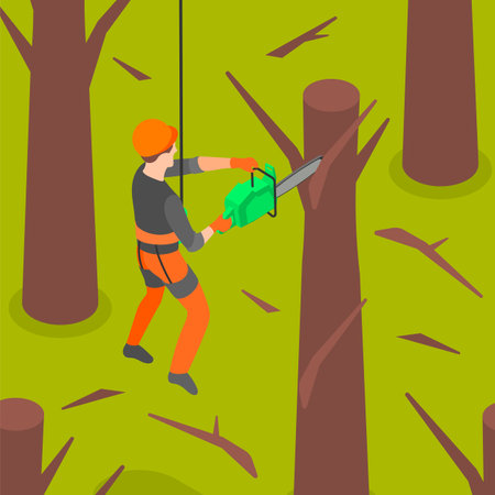 Industrial climber in helmet and safety belt hanging on rope holding equipment to cut wood isometric vector illustrationのイラスト素材