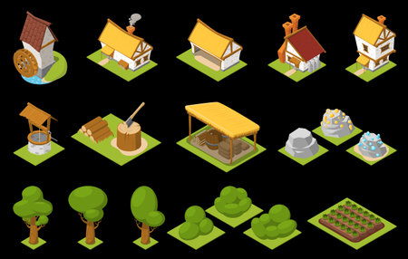 Game set isometric icon set houses with yellow and brown roofs trees and bushes beds vector illustrationのイラスト素材
