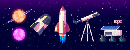 Space exploration cartoon composition with planets and equipment for exploring and observing universe vector illustrationのイラスト素材