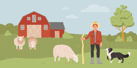 Male farmer grazing sheep with shepherd dog on farm flat vector illustrationのイラスト素材