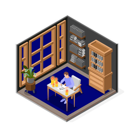 Power outage isolated object with man working at desk by candlelight isometric vector illustrationのイラスト素材
