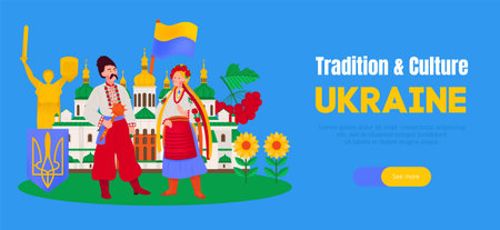 Traditions and culture of ukraine horizontal banner decorated with male and female characters in national clothes vector illustrationのイラスト素材