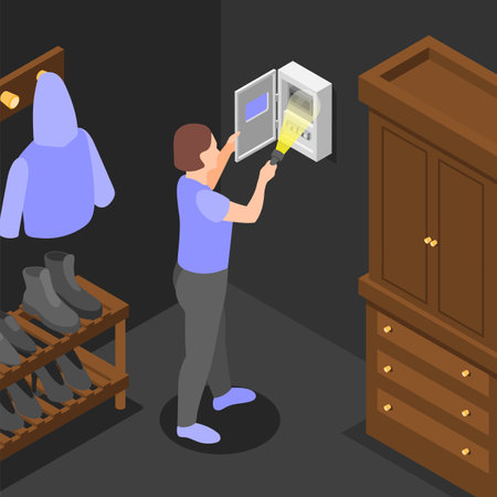 Power outage isometric background with woman checking box with electric meter illuminating it with flashlight vector illustrationのイラスト素材