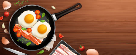 Breakfast realistic composition with frying pan on dark wooden table background and top view of meal vector illustrationのイラスト素材