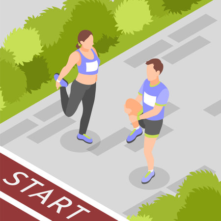 Marathon start isometric background with two runners warming before race 3d vector illustrationのイラスト素材