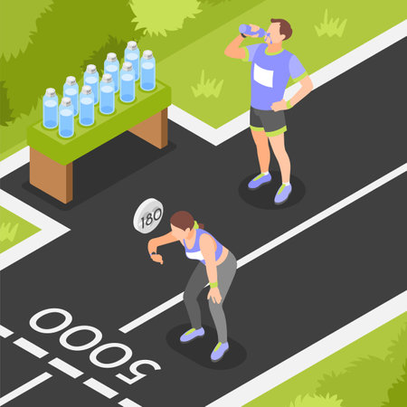 Marathon runners isometric background with athletes drinking water and measuring pulse after long distance vector illustrationのイラスト素材