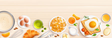 Making breakfast cooking realistic composition with top view of wooden table with ready dishes and ingredients vector illustrationのイラスト素材