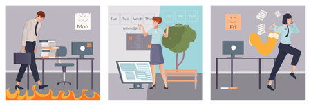 Work week flat concept set with sad office worker on monday and happy employee going home on friday isolated vector illustrationのイラスト素材