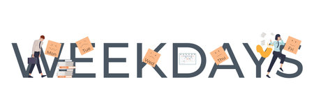 Work week flat text composition with sad and happy employees on weekdays vector illustrationのイラスト素材