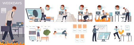 Different mood of office worker during work week flat composition set isolated vector illustrationのイラスト素材