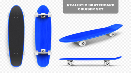 Realistic skate board set with transparent background editable text and isolated angle views of blue skateboard vector illustrationのイラスト素材