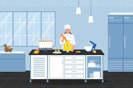 Cooks composition with doodle style character of female chef cook preparing cake with restaurant  kitchen scenery vector illustrationのイラスト素材