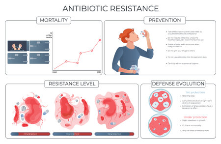 Antibiotic resistance prevention levels mortality defence evolution flat infographic vector illustrationのイラスト素材