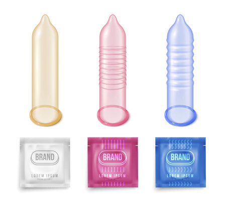 Realistic condom set of isolated icons with ribbed condoms of different color and branded wrap packs vector illustrationのイラスト素材