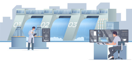 People monitoring work of hydro power station with dam in background flat vector illustrationのイラスト素材