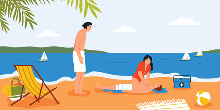 Lifeguards composition with beach scenery and doodle people resuscitating drowned person with first aid kit box vector illustrationのイラスト素材