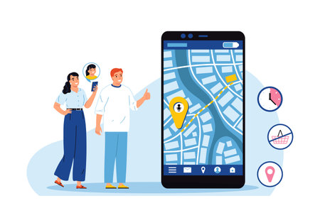 Parental control composition with doodle style characters of parents with smartphone location app and round pictograms vector illustrationのイラスト素材
