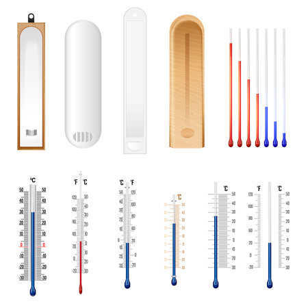 Thermometer elements mock up for meteorological measurements with celsius and fahrenheit scale realistic set isolated vector illustrationのイラスト素材
