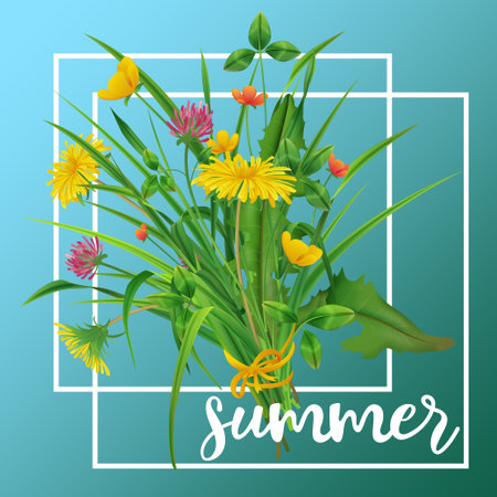 Summer realistic blue background decorating with bouquet consisting of dandelions clovers buttercups vector illustrationのイラスト素材