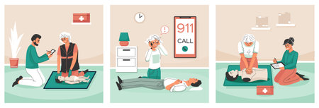 Emergency training set with firat aid symbols flat isolated vector illustrationのイラスト素材