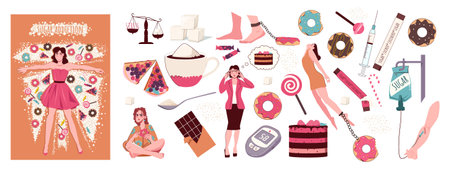 Flat composition set of women with sugar addiction and tasty desserts isolated vector illustrationのイラスト素材