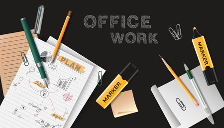 Office work black chalkboard with sheets of paper with notes scattered on it realistic  vector illustrationのイラスト素材