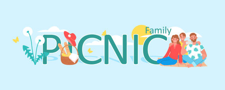 Picnic flat text banner with happy family taking selfie and basket with breakfast vector illustrationのイラスト素材