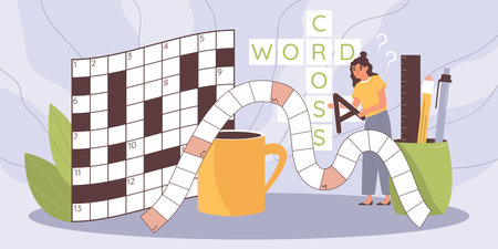 Crossword sudoku flat composition with female character holding letter with cells and stationery items pencils pens vector illustrationのイラスト素材