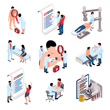 People doing through medical checkup isometric icons set isolated 3d vector illustrationのイラスト素材