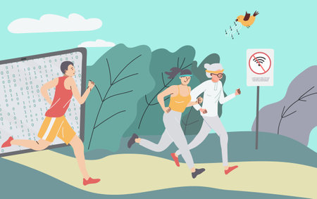 Digital detox flat concept with people escaping from technology addiction and jogging in park vector illustrationのイラスト素材