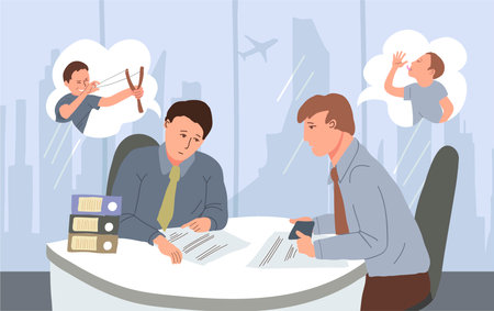 Inner child flat concept with two depressed men at their workplace in office vector illustrationのイラスト素材