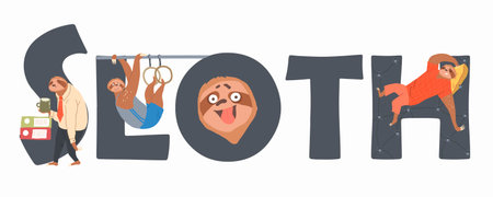 Sloth laziness concept flat composition with ornate text and doodle style characters of human like...