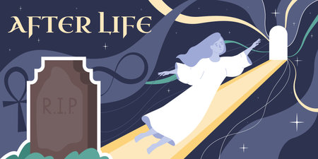 Afterlife death composition with collage of flat icons ornate text grave and silhouette of flying soul vector illustrationのイラスト素材