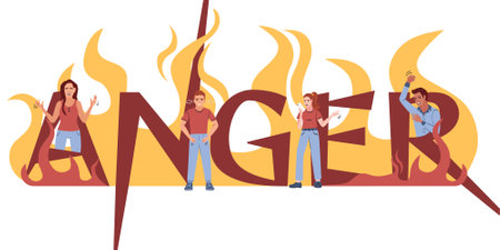 Angry people flat composition of ornate text with flame shapes doodle human characters on blank background vector illustrationのイラスト素材