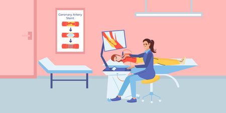 Atherosclerosis artery flat composition with indoor view of doctors office with ultrasound computer system and people vector illustrationのイラスト素材